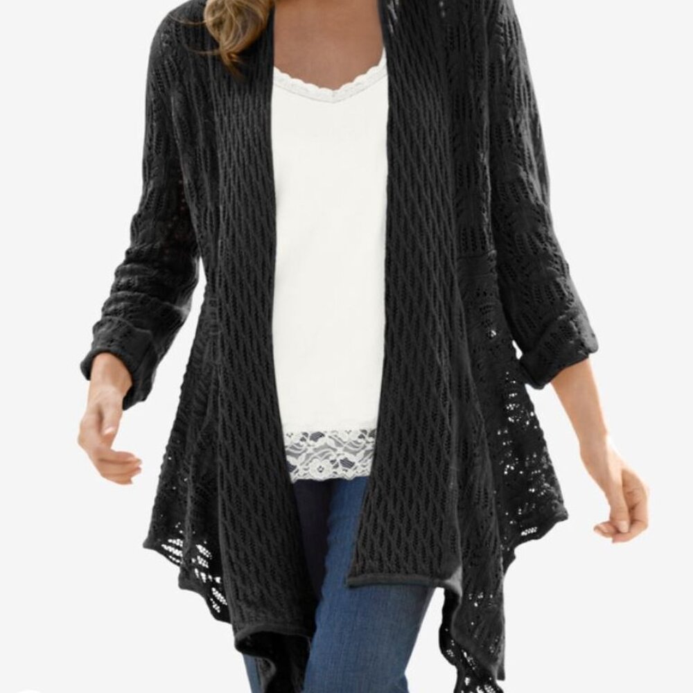 Open Front Pointelle Black Cardigan Sweater